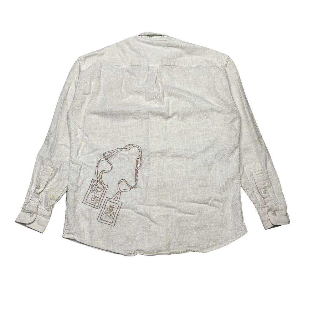 Saintwoods Catholic Pendant Embroidered Linen Button Up Work Shirt Men's Large